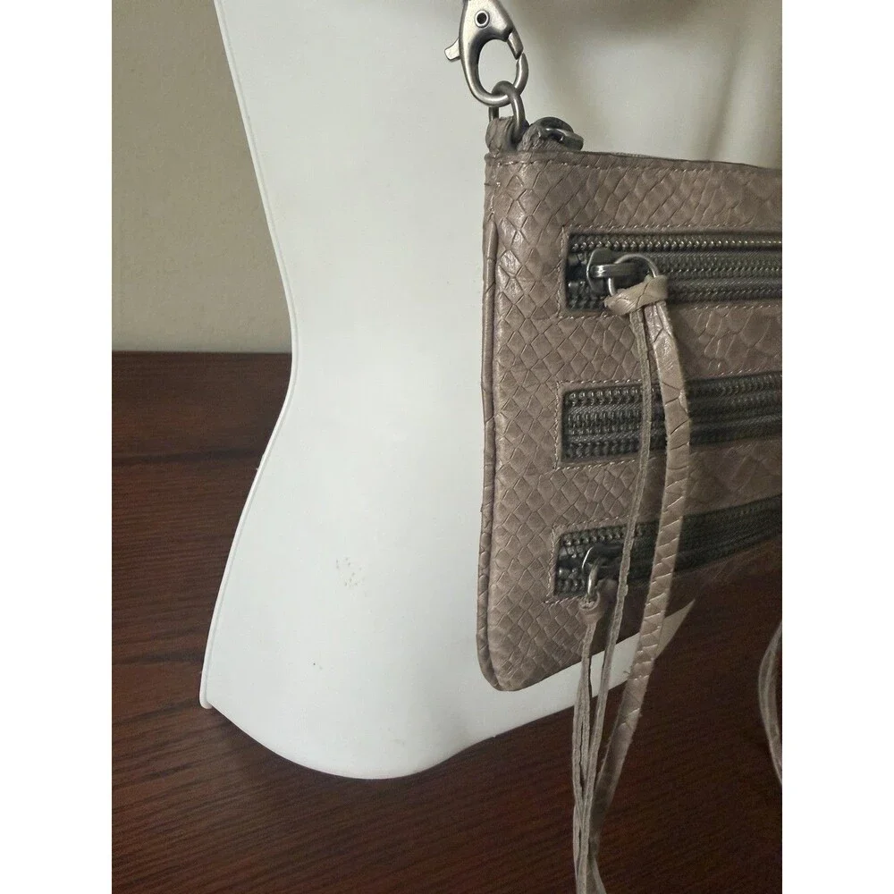 Rebecca Minkoff 3-Zip Crossbody Bag Taupe Grey Snake Embossed Leather Fringe